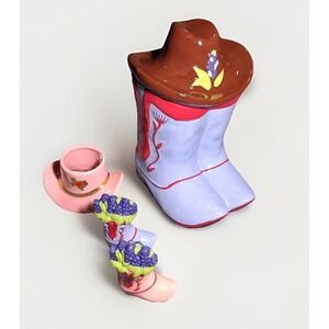 Destination Holiday Cowboy Boot Cookie Jar Salt Pepper Shaker Texas Hat Set 4pc